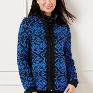 Talbots Cozy Fleeceback Knit Jacket - Snowflake Blue Black Size XLP